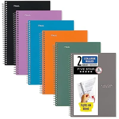 Image of Five Star Small Spiral Notebooks, 6 Pack, 2 Subject, College Ruled Paper, 9 1/2&quot; x 6&quot;, 100 Sheets, Assorted Colors (73711)