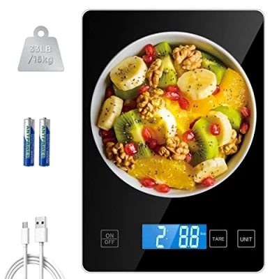 Image of Howeifull Large Kitchen Scales Digital, 33lbs/15kg Food USB Rechargeable, Multifunctional Weighing with LCD Display, 1g accuracy, 5 Units, Black