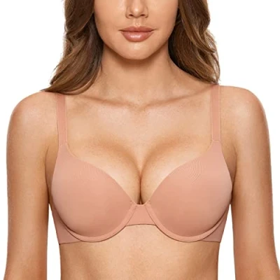Image of DOBREVA Women&#039;s Push Up Bra Underwire Padded T Shirt Bras Full Coverage Plunge Cream Coffee 34AA