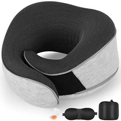 Image of AYhome Travel Pillow, Memory Foam Neck Pillow for Travel, Portable Flight Support, Airplane Train with Eyemask and Earplugs(Light Grey)
