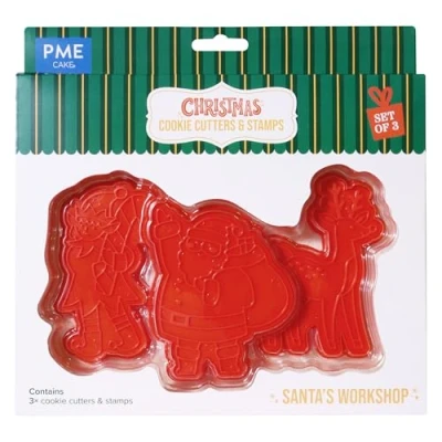 Image of PME CH24CCC098 Christmas Cookie Cutters &amp; Stamps, Santa&#039;s Workshop (Set of 3), Plastic, Red
