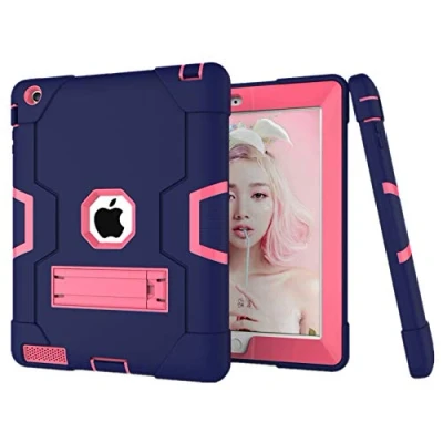 Image of HyFone Case for iPad 2 3 4 Rugged Sturdy Shockproof Heavy Duty Durable Full Body Protective Kickstand Cover A1395 A1396 A1397 A1416 A1430 A1403 A1458 A1459 A1460 [NavyBlue/RoseRed]