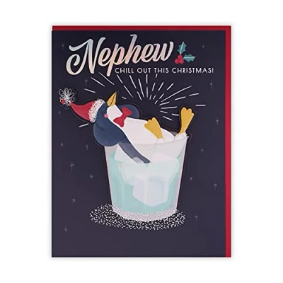 Image of Clintons: Penguin Relaxing In Glass Nephew Christmas Card, Xmas Card for Nephew, Nephew., Multi Colour, 155 x 201, 1171306