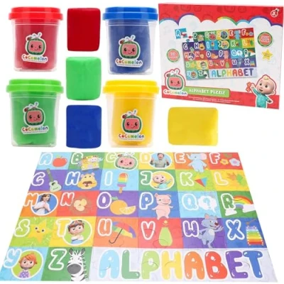 Image of Toyland® Cocomelon Toy Bundle 30 Piece Giant Alphabet Floor Puzzle 88 x 58cm &amp; 4 Tubs Of Dough Creative Play Toys Suitable For Ages 3+