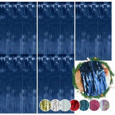 Image of SRV Hub® 5pk Christmas Hanging Foil Lametta, Navy Blue Xmas Lametta Wall Ceiling Decor Party Decoration Tinsel Size 50cm (Dark Lametta)