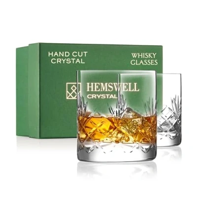 Image of Hemswell Crystal Whiskey Glasses Set of 2 Whisky 310ml Cut Glass Tumblers Lead Free Satin Lined Box Glenrigg