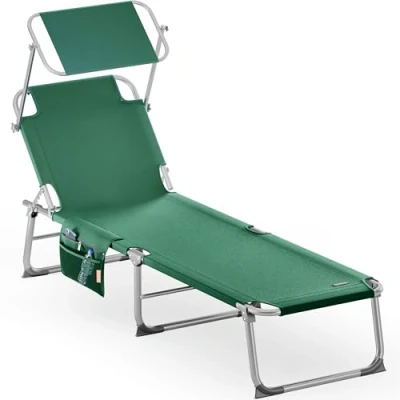 Image of CASARIA® Ibiza Folding Sun Lounger with Adjustable Canopy Weatherproof Aluminium Frame Carrying Handle 190x59x29cm 150kg Capacity Garden Beach Shade Bed Compact Green