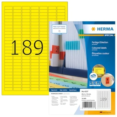 Image of HERMA Self Adhesive Coloured Labels, 189 Labels per A4 Sheet, 100 Sheets, 25.4 x 10 mm, 18900 Blank Colour Stickers, Sticky for Laser &amp; Inkjet Printer, Yellow