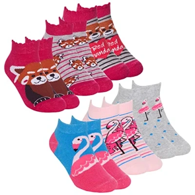 Image of Metzuyan 6 Pairs Kids Girls Novelty Trainer Liner Socks Cotton Rich Low Cut Flamingo Red Panda 8.5