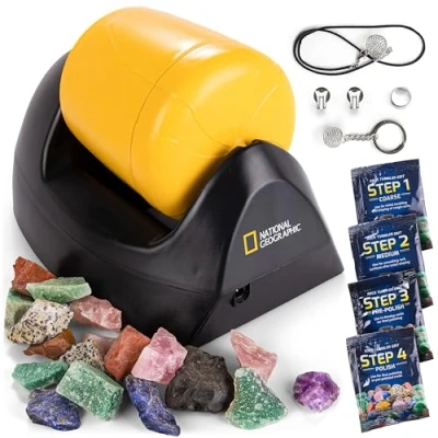 Image of NATIONAL GEOGRAPHIC Starter Rock Tumbler Kit Complete Polisher Kit, Durable Leak Proof Tumbler, 227 Grams of Rocks, Grit, 5 Jewellery Fastenings
