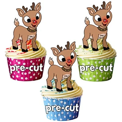 Image of AK Giftshop PRE CUT Christmas Rudolph/Reindeer Edible Cupcake Toppers/Cake Decorations (Pack of 12)