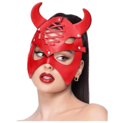 Image of Smiffys Fever Red Mock Leather Devil Mask, Accessories Fancy Dress, Dress Up Masks