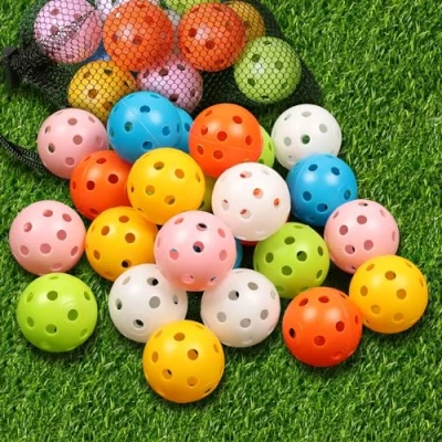 Image of THIODOON Practice Golf Balls 24 Pack Limited Flight 40mm Hollow Plastic Training Colored Airflow for Swing Driving Range Home Use Indoor (White,24 pcs)