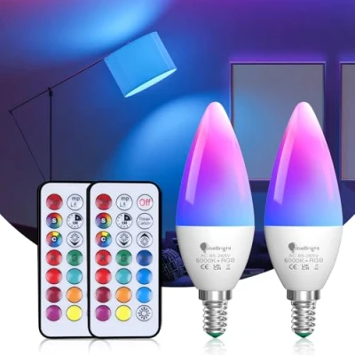 Image of TobeBright E14 RGB LED Light Bulbs Dimmable with Colour Changing, 3W SES Candle Bulb C35 Cold White 6000K, 12 Colours Remote Control Memory and Timing Function for Home Party, 2 pcs