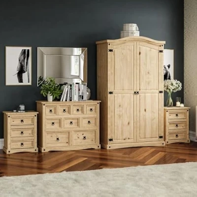 Image of Vida Designs Corona Solid Pine Wood Bedroom Furniture Sets 4 Piece Bedside Cabinet, Chest Of Drawer &amp; Wardrobe (9D Chest, 3D x2 2D Wardrobe)