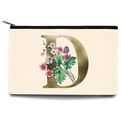 Image of 26 Letter Printed Zip Canvas Pouch Makeup Bag Make Up Bag, Cosmetic Travel Bag,Toiletry Bag,Organizer Bags,Toiletry Bags, Bride Bridesmaid Bag,Pencil Bag,Wash Bag,Coin Purse (Golden Flower D)
