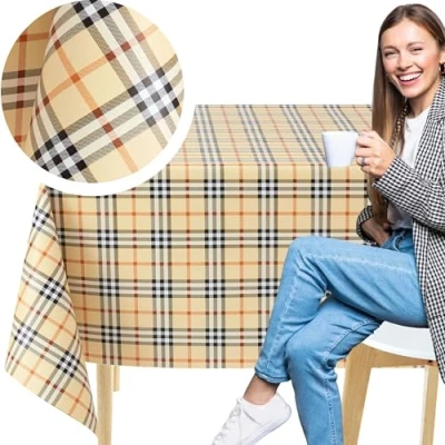 Image of KP HOME Wipe Clean Tablecloth Rectangular 78.7&quot;x 53.9&quot; (200x137cm) Plastic Table Cloth Clean, Rectangle Outdoor PVC Oil Cover Waterproof Beige Heritage Tartan Wipeable Vinyl