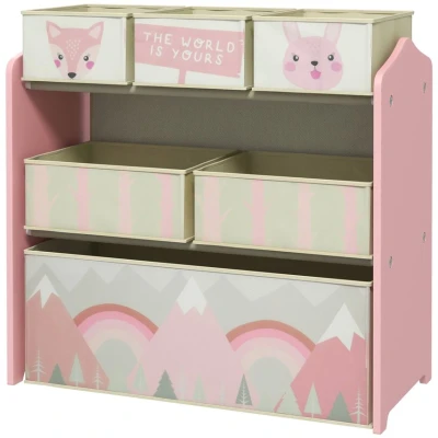 Image of ZONEKIZ Kids Storage Unit, Childrens Toy Organiser, with 6 Fabric Bins, for Bedroom, Nursery, 63 x 30 66cm, Pink