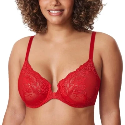 Image of Delimira Women&#039;s Front Fastening Bras Lace Unlined Full Coverage Plus Size Sheer Plunge Underwire Bra Lipstick Red 42DD