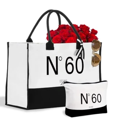 Image of CoCoCherry 60th Birthday Gifts for Women Canvas Tote Bag with Makeup Bag, Ideas Combination Elegant 60 EST.1965. Women, Mum, Wife