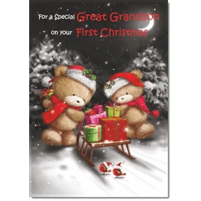 Image of doodlecards Great Grandsons First Christmas Card Cute Bears at Night Medium Size with Plain Envelope