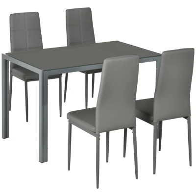 Image of HOMCOM 5 Piece Kitchen Dining Table Set with 4 Faux Leather Metal Frame Chairs Glass Tabletop Desk for Room, Kitchen, Dinette, Grey