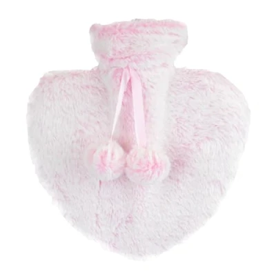 Image of A2Z Hot Water Bottle 800ML Pink Heart Shaped Plush Faux Fur Pom Fleece Cover Bag for Pain Relief Cosy Nights and Relaxation