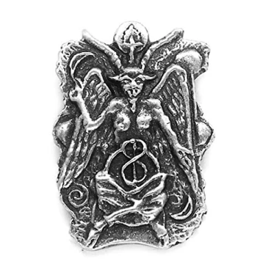 Image of Small Eliphas Levi Baphomet Sabbatic Occult Goat Pin Badge in a Grey Burlap Pouch