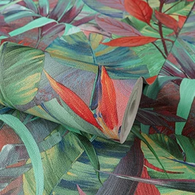Image of Grandeco Paradise Jungle Painted Flower Red &amp; Green Textured Wallpaper JF2301