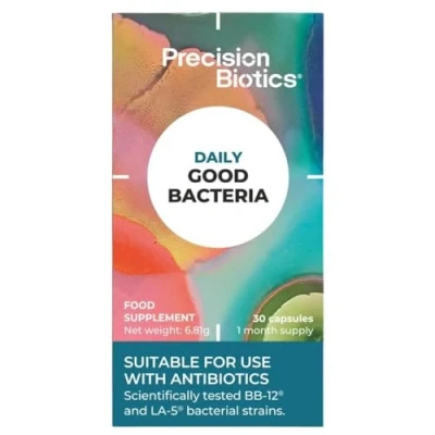 Image of PrecisionBiotics Daily Good Bacteria Gut Health Probiotics Supplement BB 12 and LA 5 Bacterial Culture Strains + FOS fibers 30 Capsules