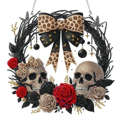 Image of Fiorky DIY Halloween Diamond Art Painting Hanging Kit for Adults, Special Shape Bo w Skeleton 5D Wreath Pendant Garland Garden Window Decor