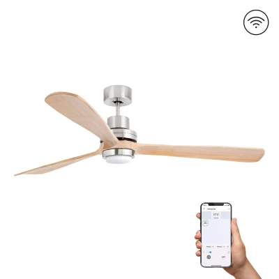 Image of Lantau XL 3 Blade Ceiling Fan Satin Nickel, Pine with Light 3000K Wiz Smart System