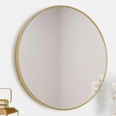Image of VASARI® 600 x 600mm Brushed Brass Wall Mounted Mirror Vanity Mirrors Framed Round Design 4mm Mirrored Glass