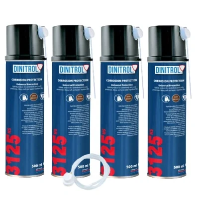 Image of REJEL DINITROL 3125HS CAVITY WAX 4 x 500ml AEROSOL SPRAY CANS with 90mm Extension straw nozzle and 1 600mm