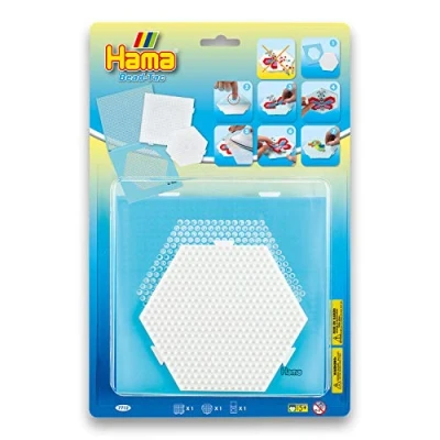 Image of Hama Perlen 7712 Pin Plates Set of 2 for Midi Ironing Beads with Diameter 5 mm, Motifs Square and Hexagon in White, Includes Adhesive Foil Bead Tac, Craft Fun Young Children