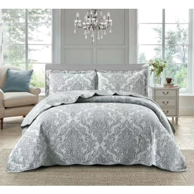 Image of Householdfurnishing 3 Piece Printed Patchwork Bedspread Quilted Bed Throw Comforter with Pillow Shams (Damask Grey, Single)