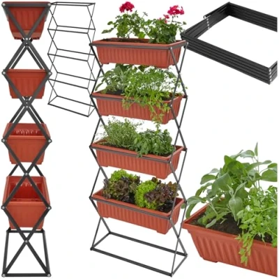 Image of TecTake® 4 Tier Raised Bed, Vertical Garden Planters with Powder Coated Steel Frame, Space Saving &amp; Foldable Design, Planter for Herbs, Vegetables, Flowers, Ideal Garden, Patio, Balcony