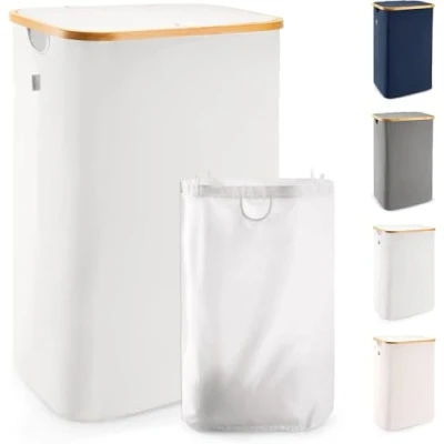 Image of Lonbet Laundry Baskets with Lid Light Grey XL 100 L Washing for Bags Hamper Basket Bedrooms Bamboo Dirty Clothes Bin