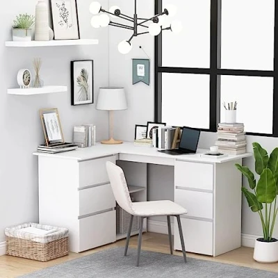 Image of vidaXL Corner Desk White Engineered Wood, Modern Scandinavian Style with Drawers and Shelves for Office Living Room, Easy Assembly