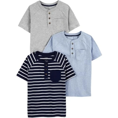 Image of Simple Joys by Carter&#039;s Baby Boys&#039; 3 Pack Short Sleeve Tee Shirts T, Blue Heather/Grey Heather Dots/Navy Stripes, 5 Years (Pack of 3)