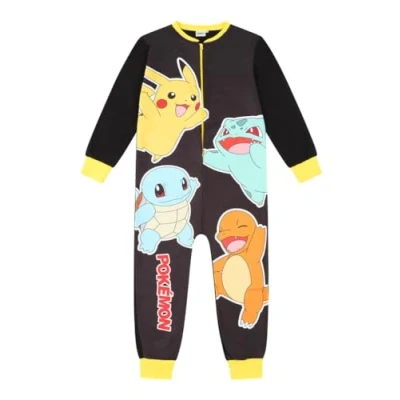 Image of Pokemon Boys Girls Fleece Black Sleepsuit Kids Pikachu All in One (7 8 Years)
