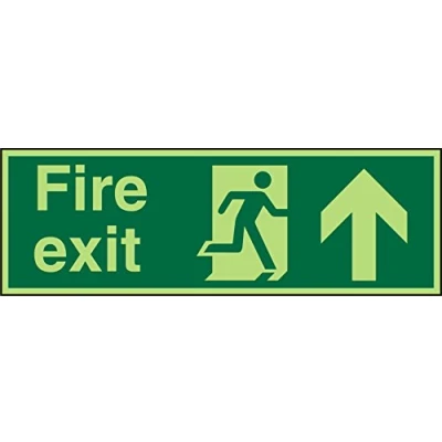 Image of Seco Fire Exit Exit, Man Running Right, Arrow Pointing Up Sign, 450mm x 150mm Photoluminescent 2mm Acrylic