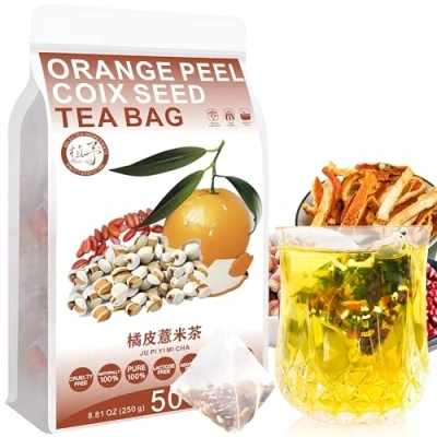 Image of Plant Gift Orange Peel Coix Seed Tea Bags 8.81oz (5g*50bags) Poria cocos, Dandelion, mulberry, Chinese Pure Nature, Health Care Mixed Tea, Combination of Floral 250g 橘皮薏米茶