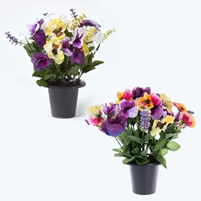 Image of HOMESCAPES Set of 2 Artificial Grave Vases with Cream Yellow &amp; Purple Rose Pansy Faux Flowers in Black Pot, 30 cm