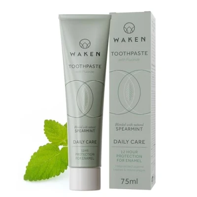 Image of Waken, Spearmint Fluoride Toothpaste, Helps Protect Against Cavities and Reduce Plaque, No Artificial Colours, Sustainable Packaging, Recycled Aluminium Tube, Vegan 75ml