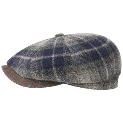 Image of Stetson Hatteras Lambswool Check Flat Cap Men Made in The EU hat with Peak, Lining Winter Autumn 61 cm Navy