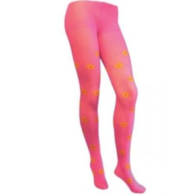 Image of Fancy Dress Tights Lingerie Pink With Yellow Flower Power Adult Size