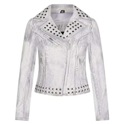 Image of Women&#039;s Leather White Studded Biker Goth Jacket