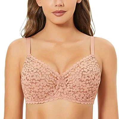 Image of DOBREVA Women&#039;s Unlined Lace Minimizer Bra Plus Size Underwire Full Coverage Cream Coffee 42DD