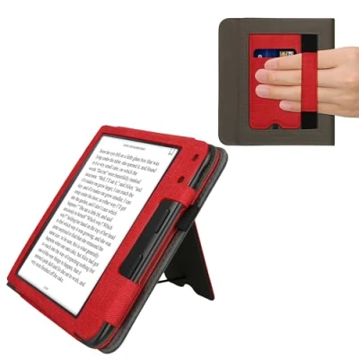 Image of kwmobile Cover Compatible with Kobo Libra Colour Faux Leather/Suede Case Stand Red/Dark Grey